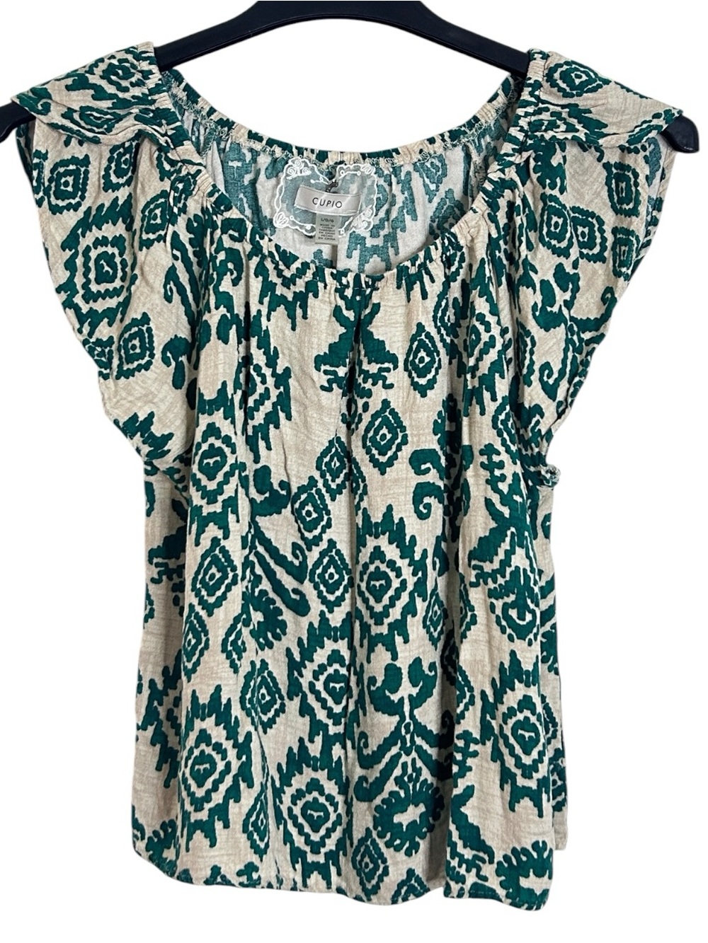 CUPIO Women's Green Beige Abstract Print Blouse Top Size L Boho